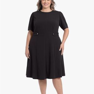 London Times Black Scuba Crepe Puff Sleeve Midi Dress | 16W